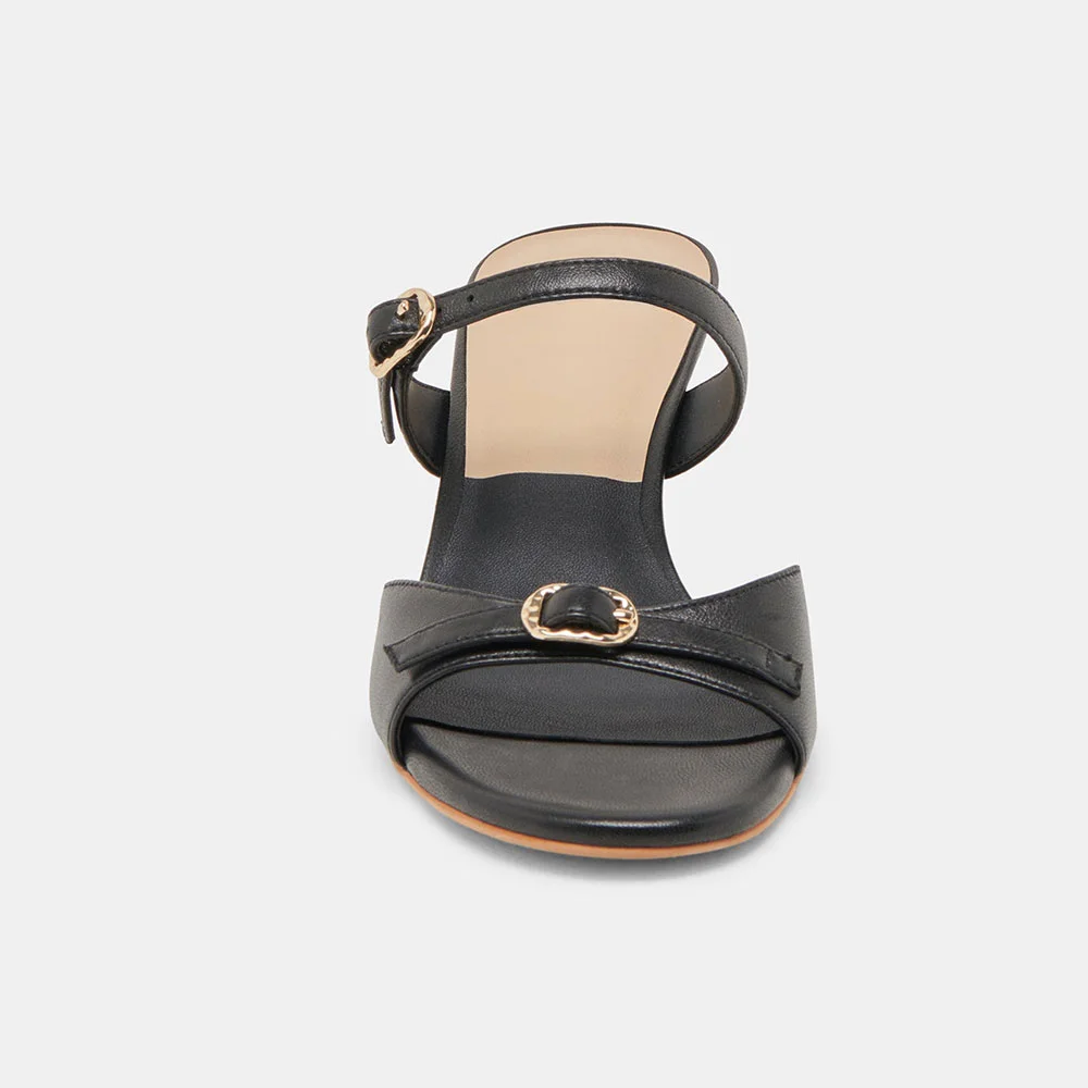 YDN Simple Black Open-Toe Kitten Heeled Mules with Double Buckle