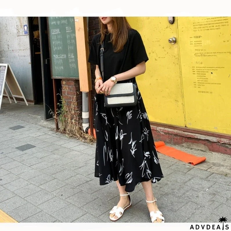 Casual Plus Size Female Stitching Printing Dress for Summer