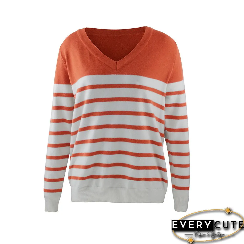 Orange Splice Stripe Print V Neck Sweater