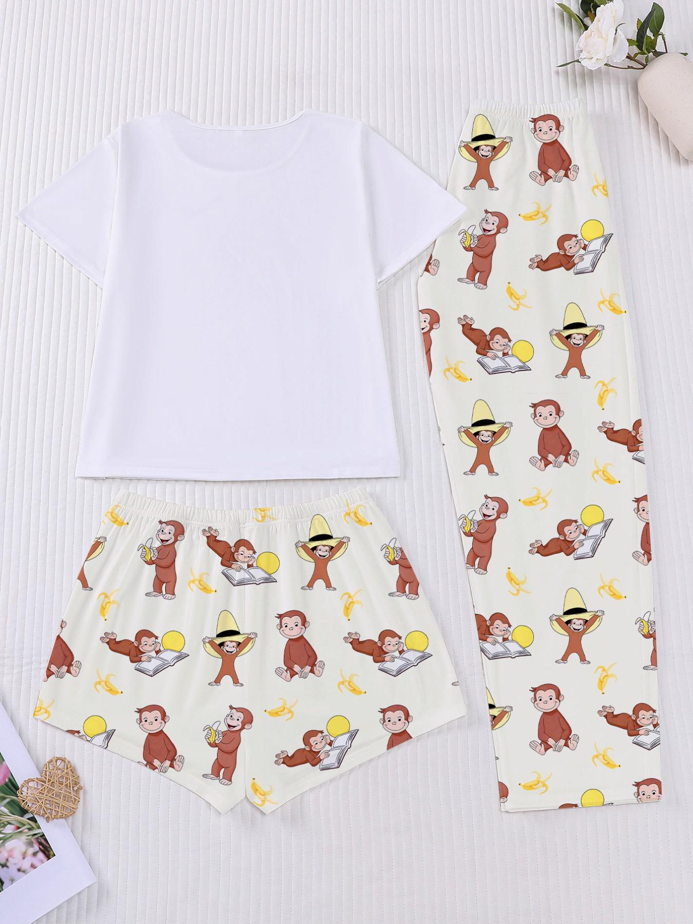 Curious George Women's Sleepwear Set, Loungewear, Matching, Short Sleeve & Long Shorts, Fitted, Comfortable Home Wear, Three-Piece Pajama Suit, Pjs