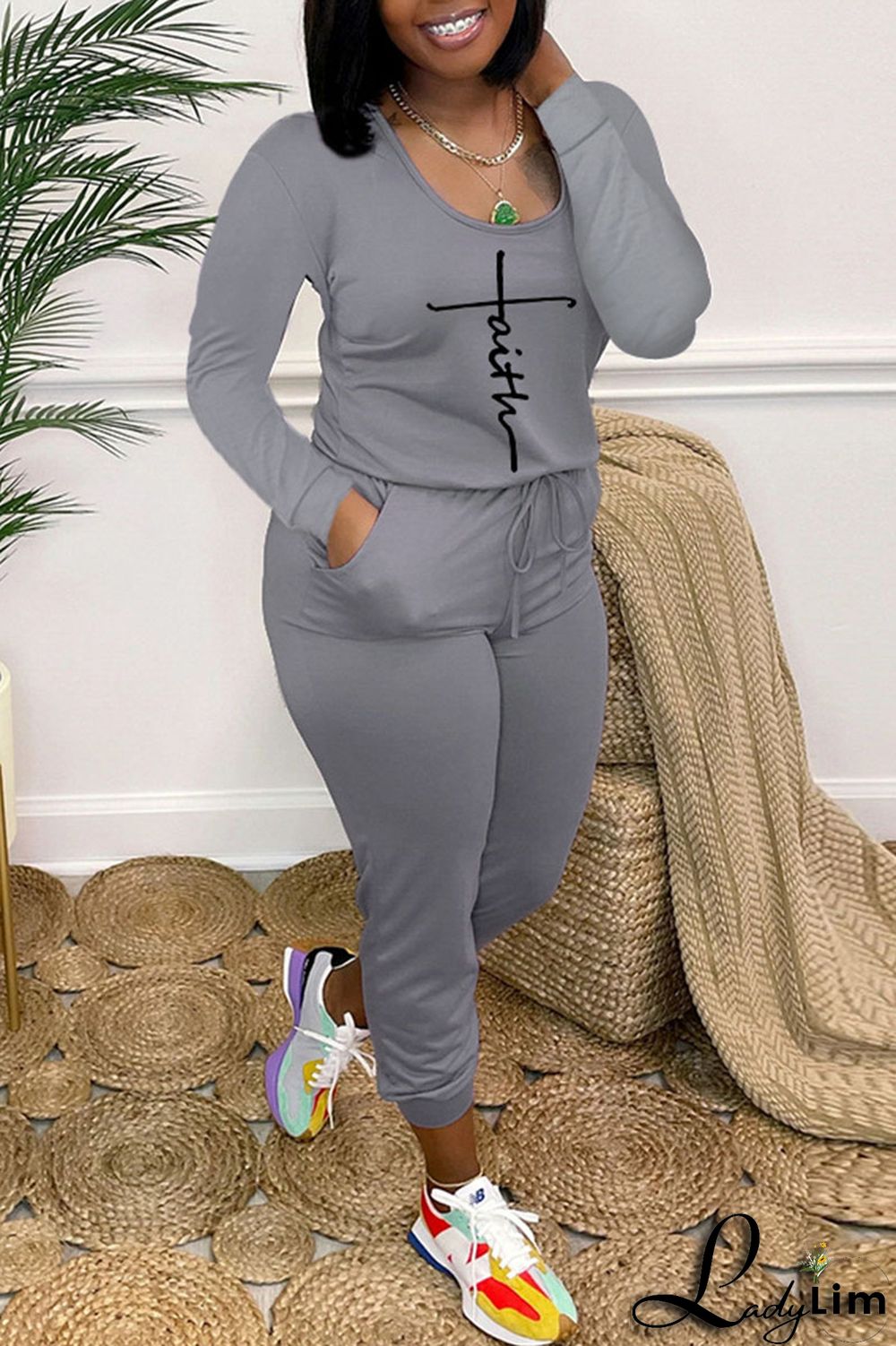 Light Blue Casual Print Bandage Patchwork O Neck Regular Jumpsuits