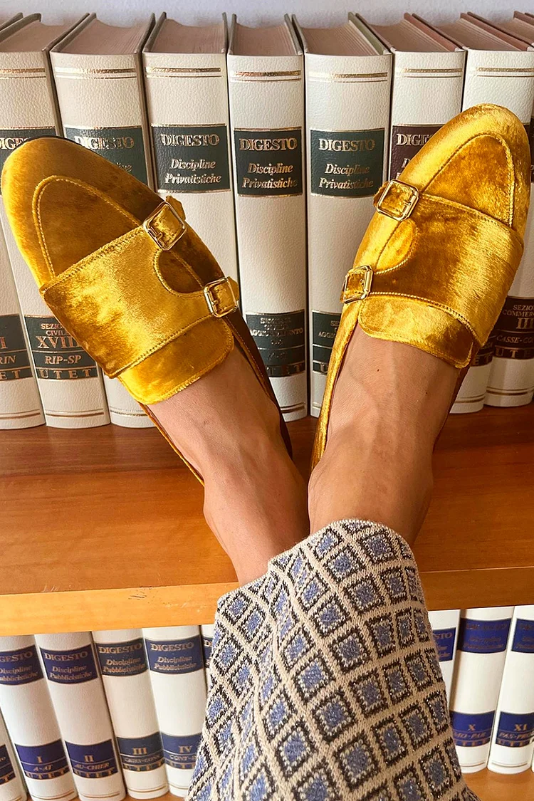 Faux Suede Strap Buckles Decor Slip On Yellow Loafers
