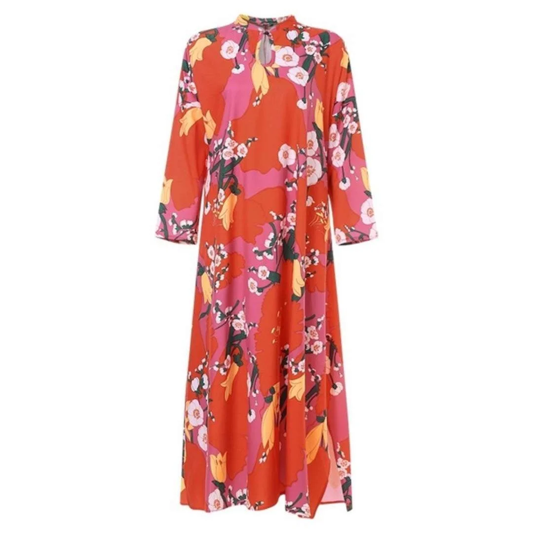 Fashion printed long-sleeved hollow flower long dress