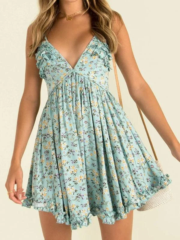Green floral print mini dress