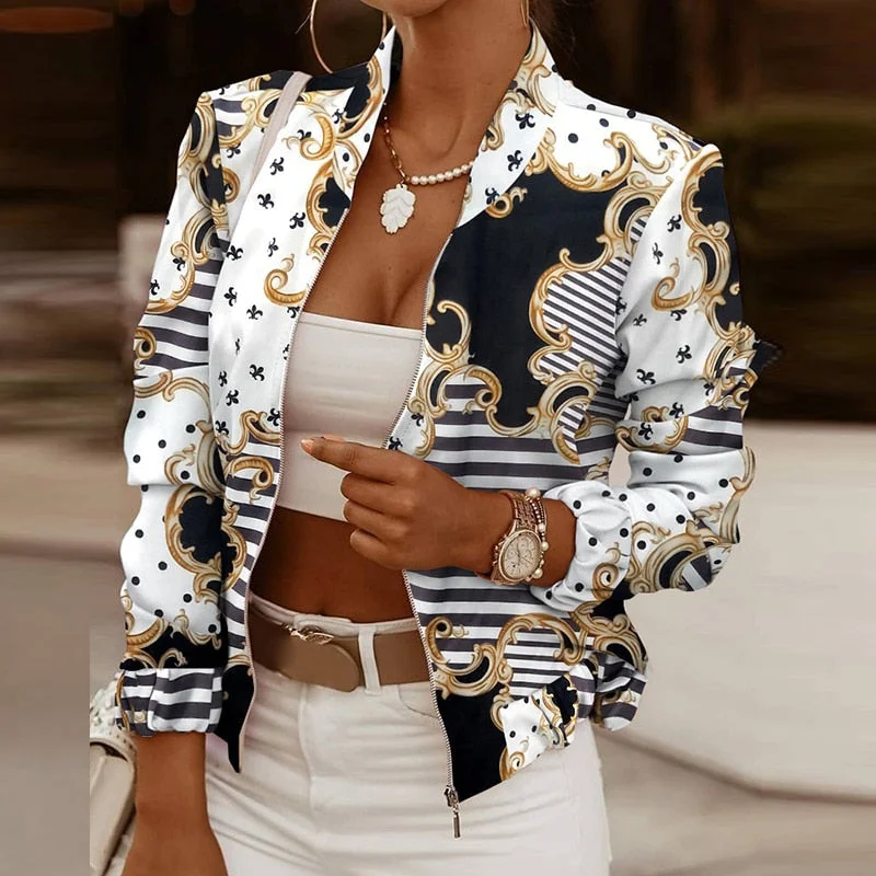 2021 Flower Print Long Sleeve Women's Bomber Jacket Fashion Zipper Up Vintage Coat Tops Elegant Slim Basic Ladies Jackets