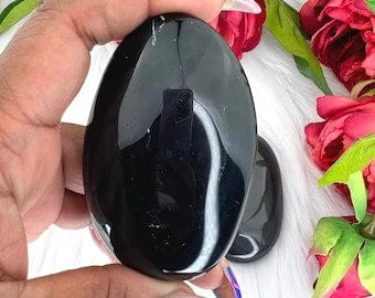 pornhint Pornhint Black Obsidian Palm Stone - Black Obsidian Palmstone - LARGE Black Obsidian Crystal Palm Stone - Polished Black Obsidian Worry Stone