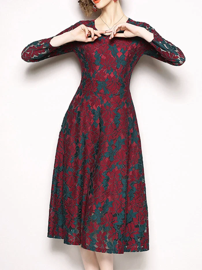 Slim V-neck Long-sleeved Lace Mid-length Dress