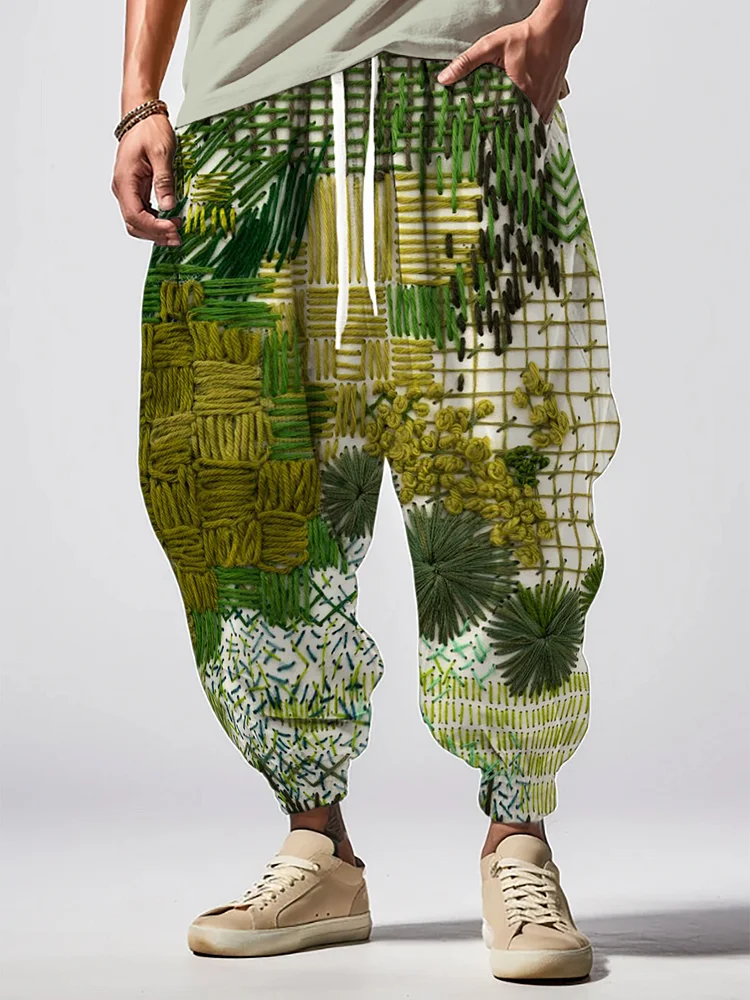 Men's Abstract Art Embroidery Print Loose Drawstring Waist Sweatpants