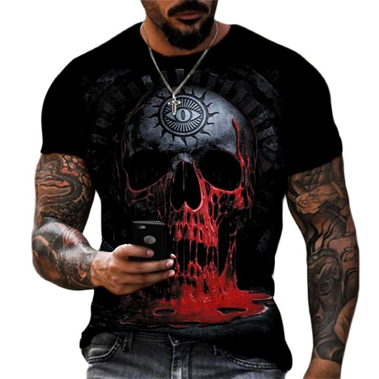 Fire Skull Crew Neck Short Sleeves Skeleton 3D Print Mens T-shirts at Hiphopee