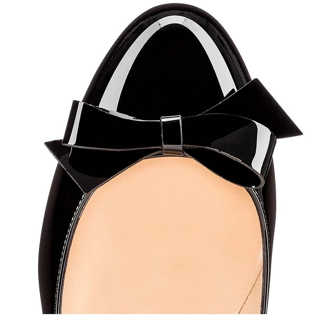 Women's Black Patent Leather Round Toe Kitten Heel Pumps with Bow