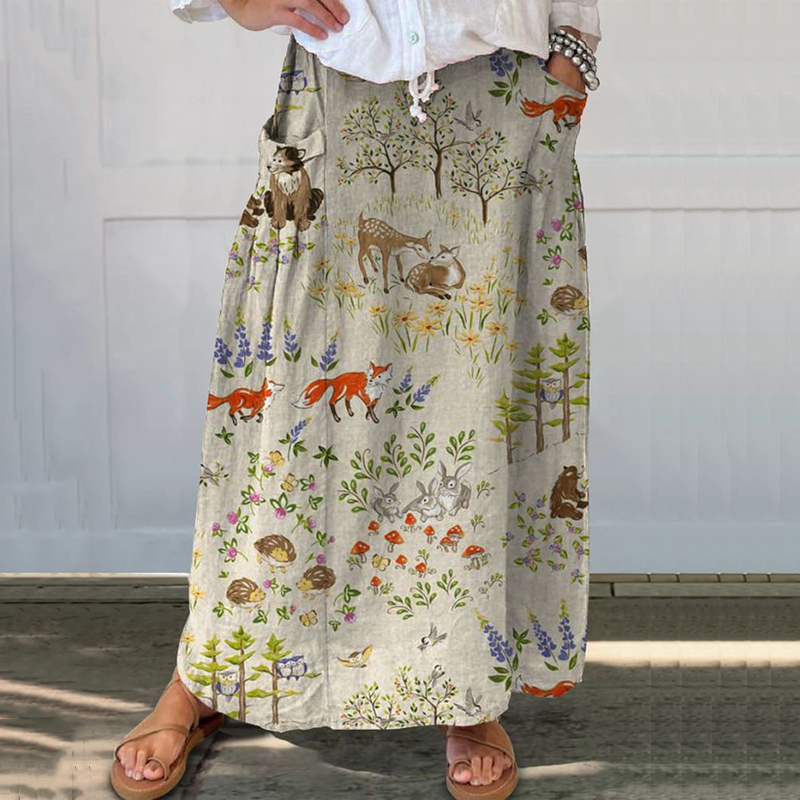 Comstylish Women's Retro Floral Animals Art Casual Linen Pocket Skirt