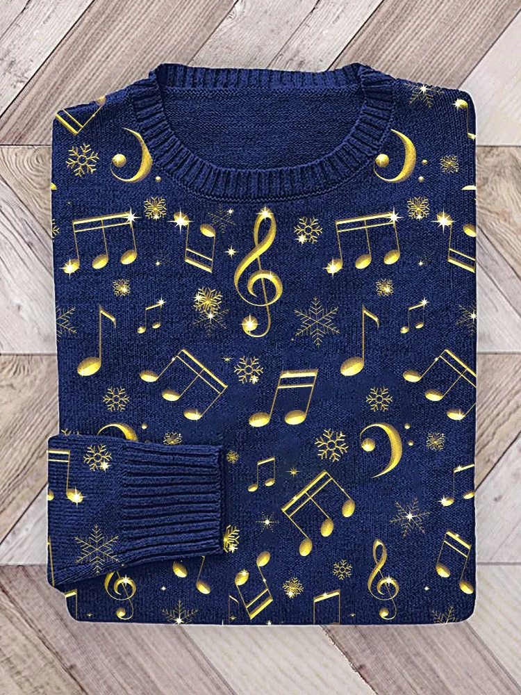 Christmas Snowflake Music Notes Print Cozy Knit Sweater