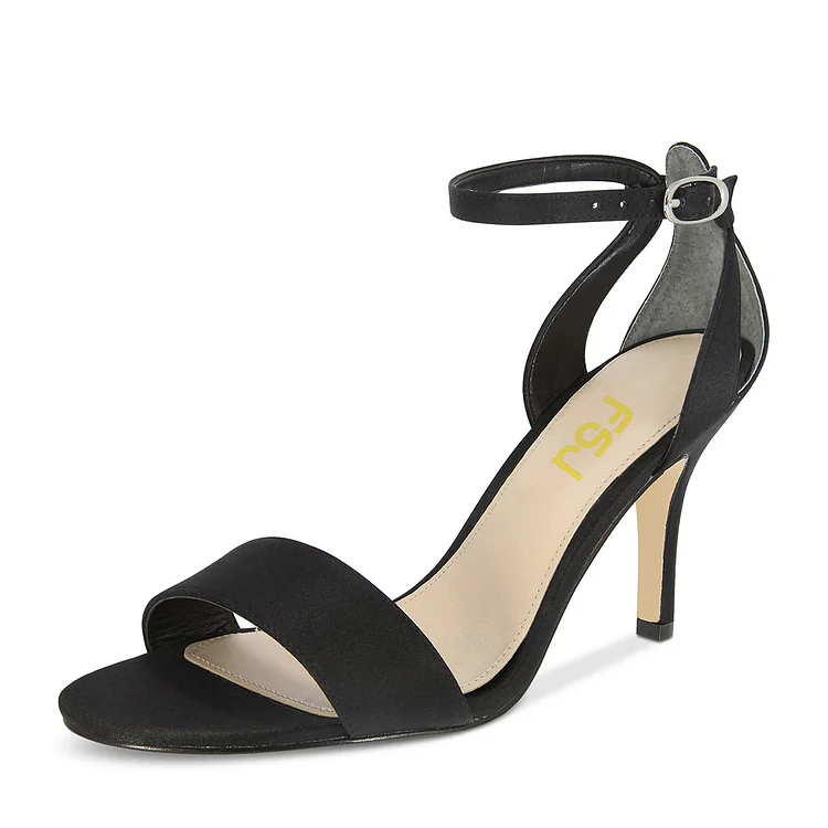 Black Satin Ankle Strap Sandals Open Toe Stiletto Heels |FSJ Shoes