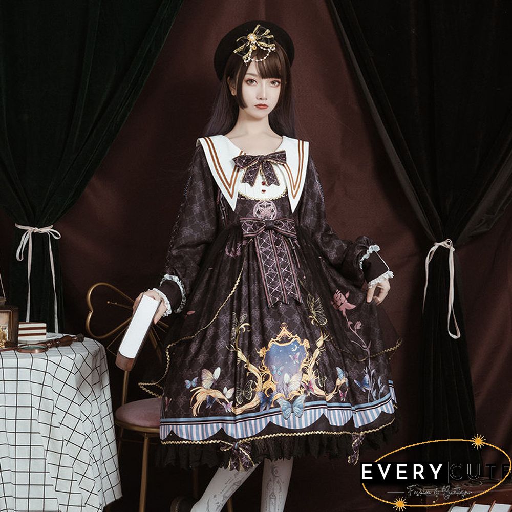 Lolita Dress Victorian Lolita Elegant Gorgeous Butterfly Love Flying Printing Vintage daily retro Tea Party Sweet Dress