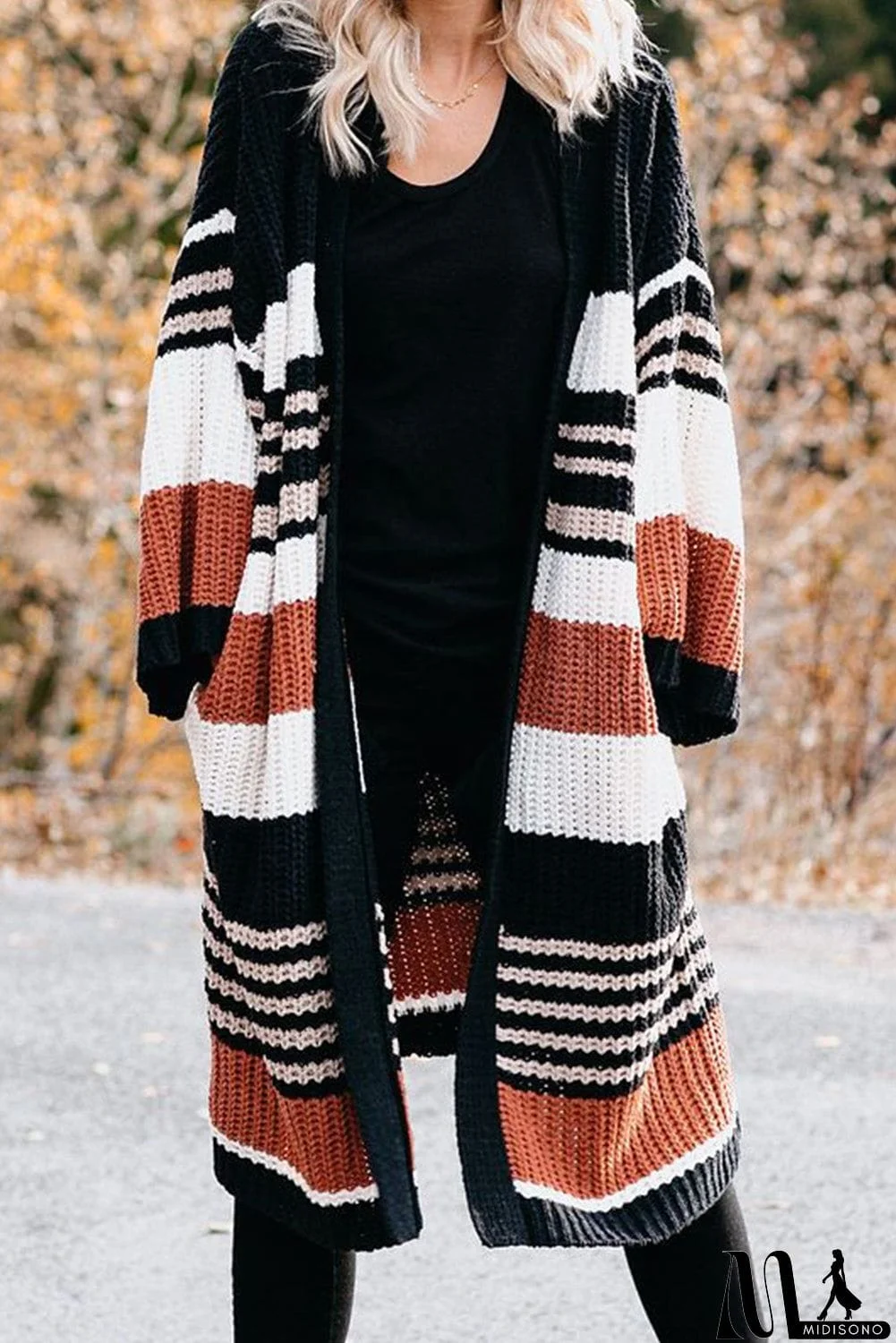 MidiSono - Pocketed Novelty Striped Chenille Cardigan