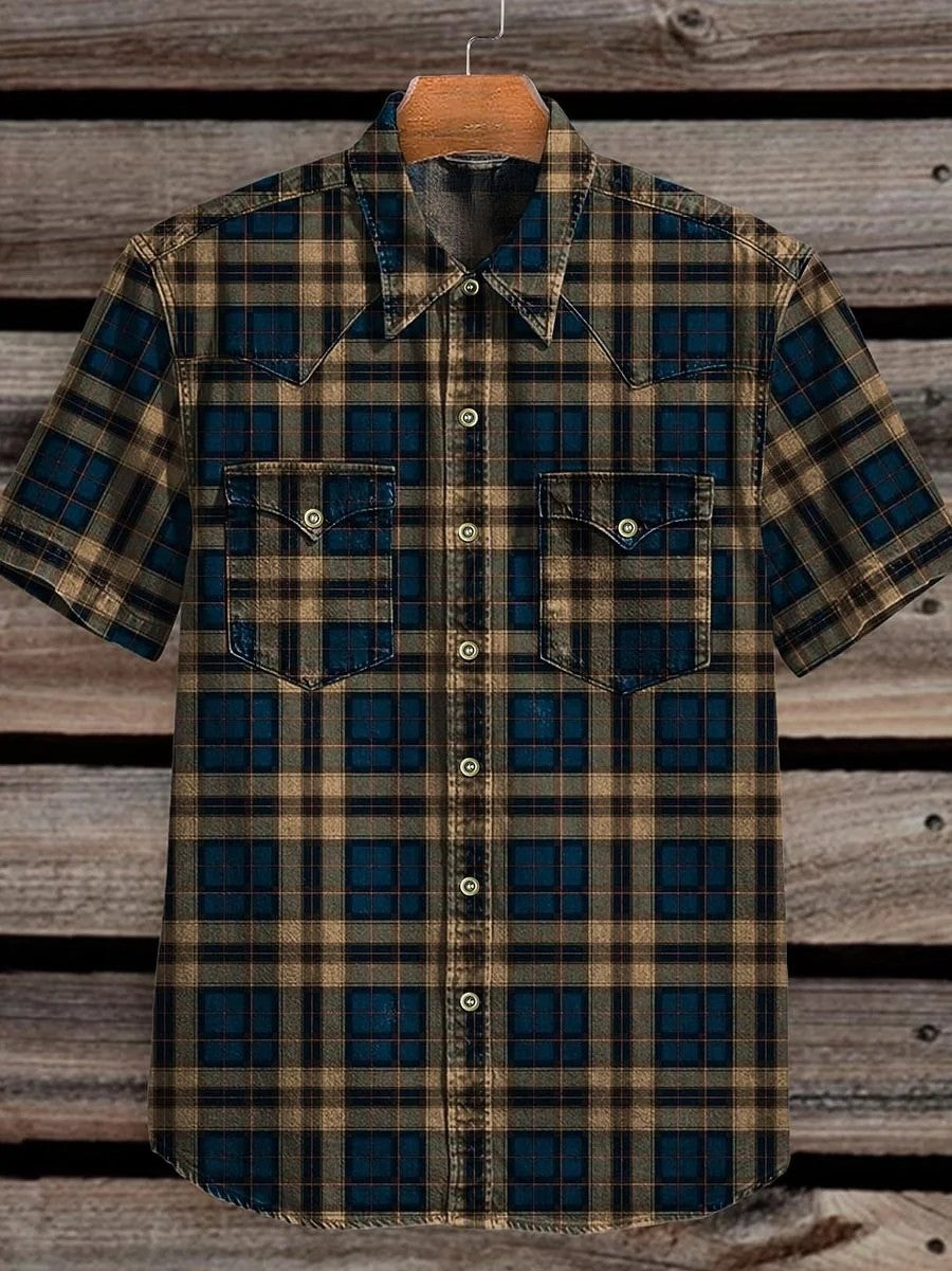 Vintage Blue Plaid Yellow and Black Stripes Print Casual Shirt