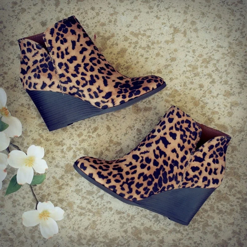 Pointed Toe Booties Winter Women Leopard Ankle Boots Footwear Platform High Heels Wedges Shoes Woman Bota Feminina