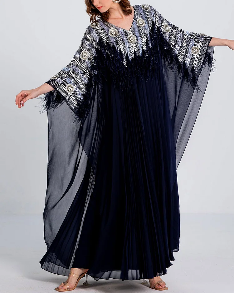 Luxe Kaftan Dress with intricate sequins, beads and feather Embroidery