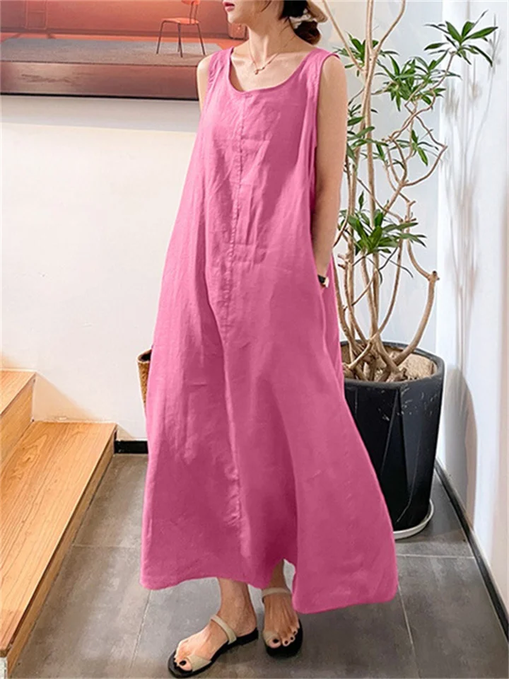 Summer New Long Version of The Halter Cotton Linen Simple Wind Loose Pockets Round Neck Temperament Sleeveless Solid Color Dress Female