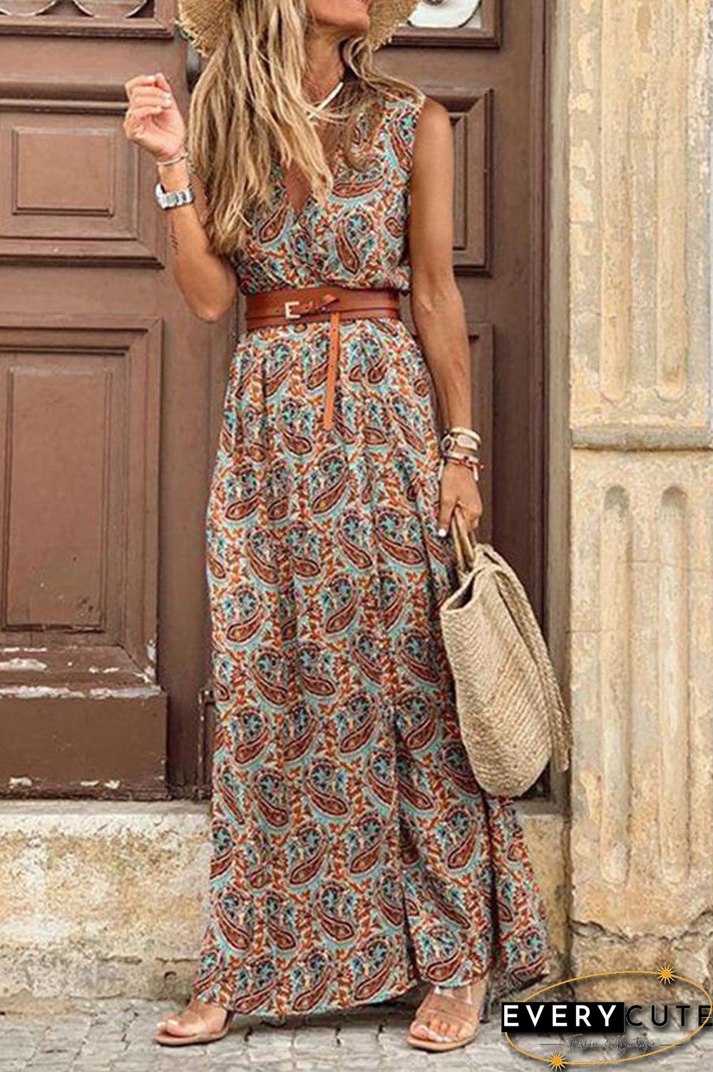 Boho Style Sleeveless Print Maxi Dress P10333