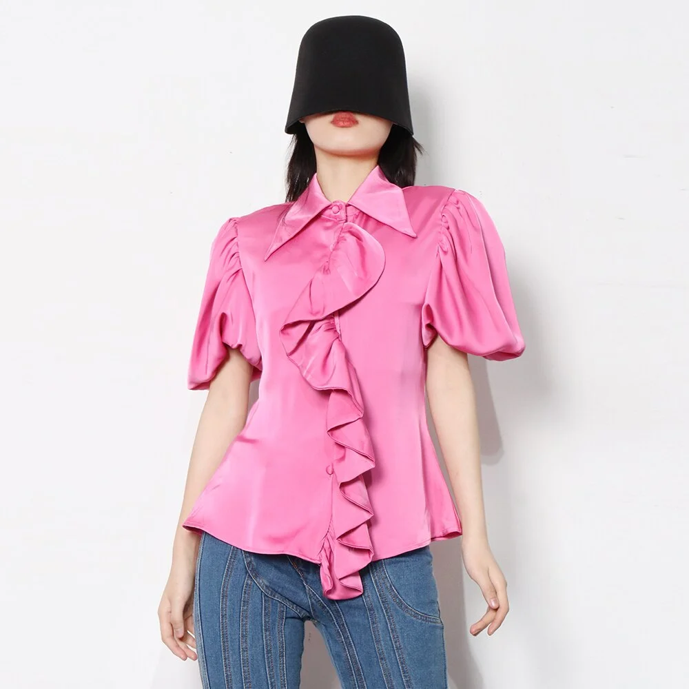 Ueong Slim Ruffle Trim Shirt For Women Lapel Puff Sleeve Solid Button Through Blouse Female Clothing Style 2022 Fashion