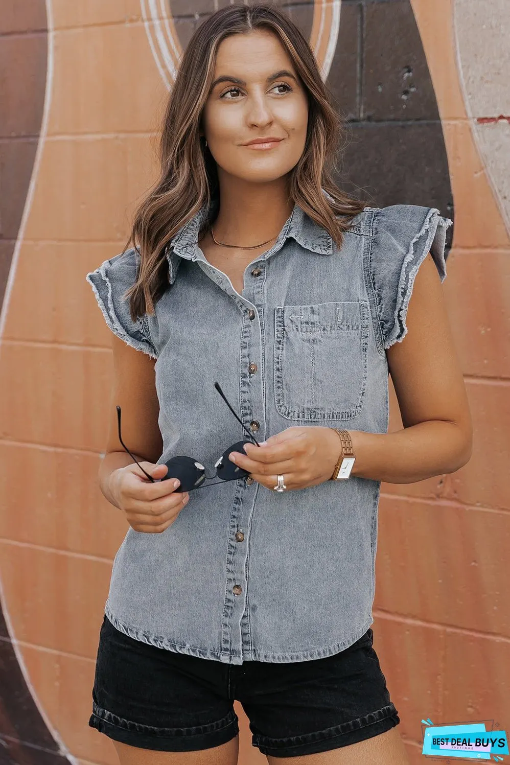 Frayed Ruffle Sleeve Denim Shirt