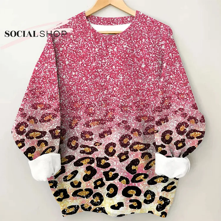Sparkling Pink Ombre Leopard Print Women's Long Sleeve Round Neck Top socialshop