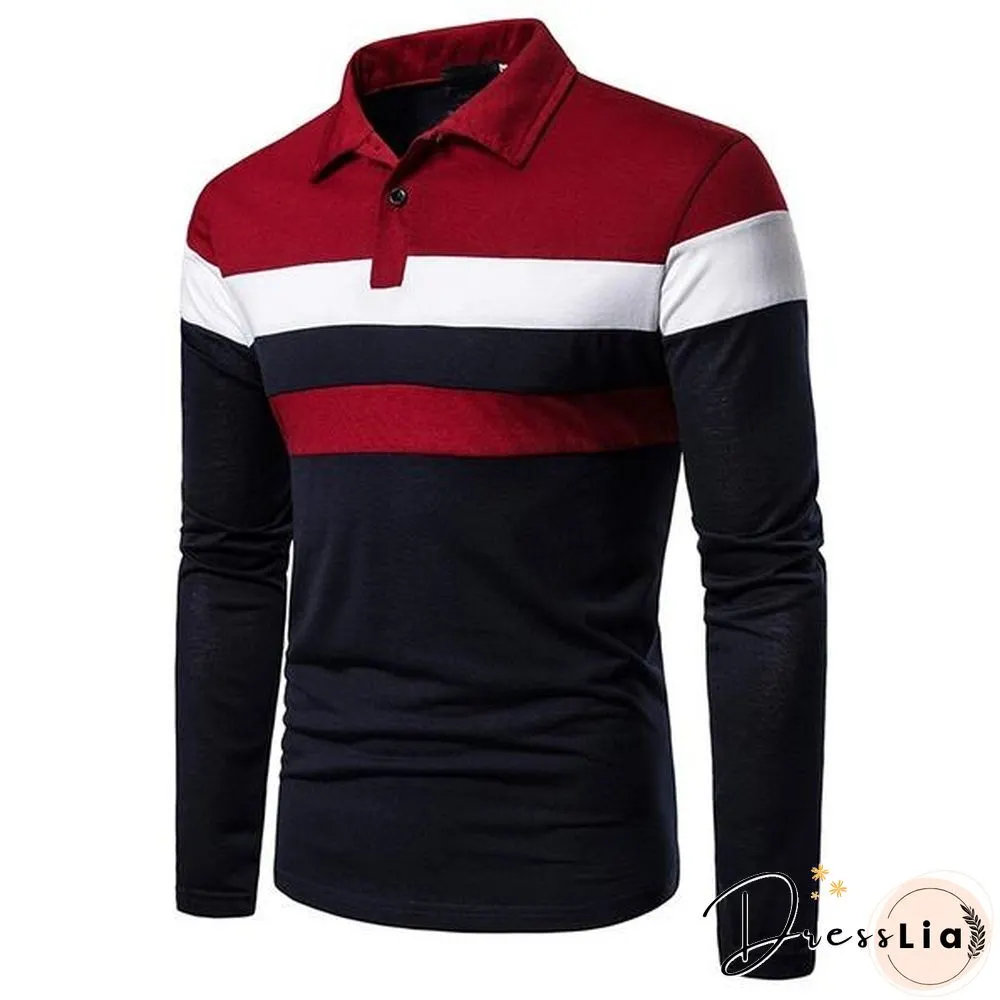 Fashion Men Lapel Long Sleeve Tri-color Striped Stitching Shirts