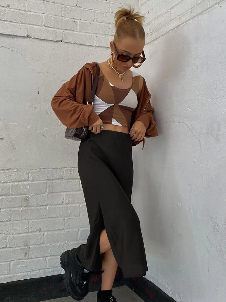 Rapcopter Satin Split Skirts y2k Vintage Long Skirts Women High Waisted Summer Skirts Women Harajuku Skirts 2021 90S New Buttom