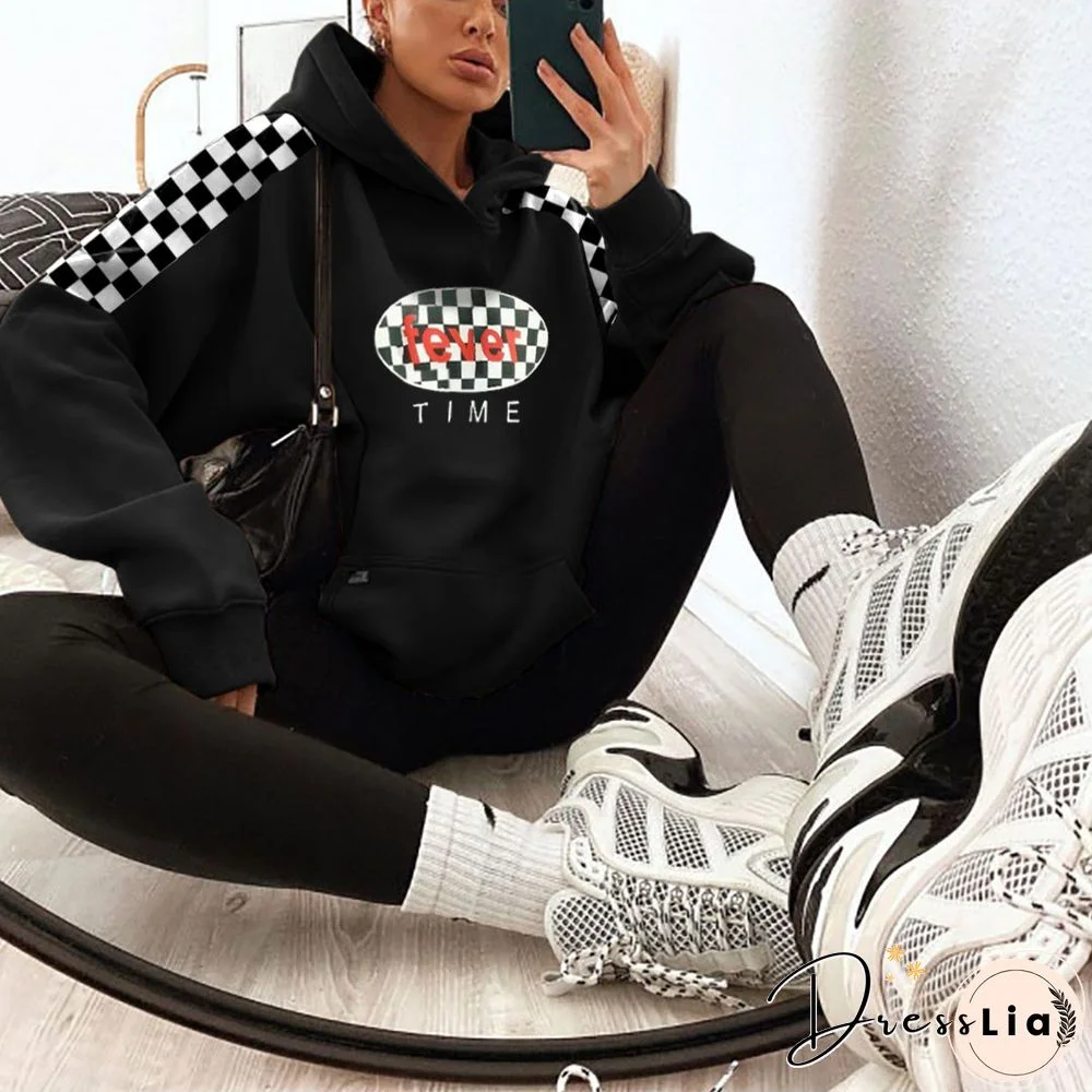 Checkerboard Fever Time Print Vintage Long Sleeve Casual Sweatshirt
