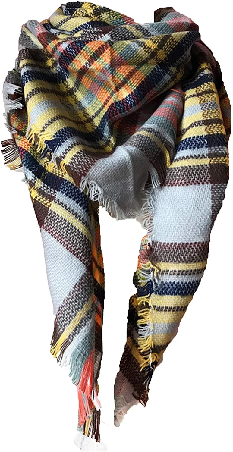 Womens Warm Long Shawl Wraps Large Scarves Knit Cashmere Feel Plaid Triangle Scarf