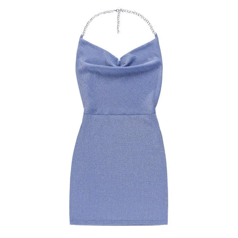 Uveng Uveng Bright Silk Hanging Neck Sexy Pile Pile Collar Dress Female Spring / Summer 2023 Sexy Backpack Hip Slip Dress