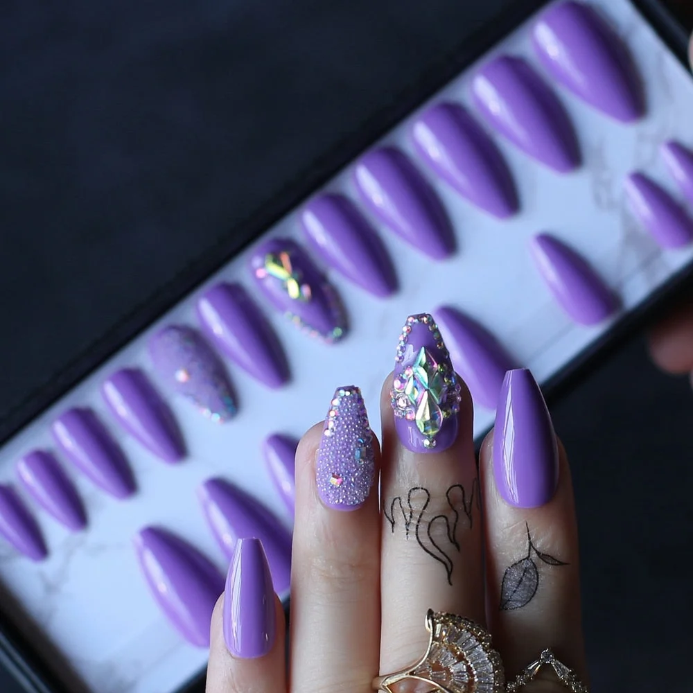 Coffin Nude Glossy Press on nails with box AB holographic Crystal caviar Fake nails Gel Cover False nails Ballet buff tan-Nail Inspo