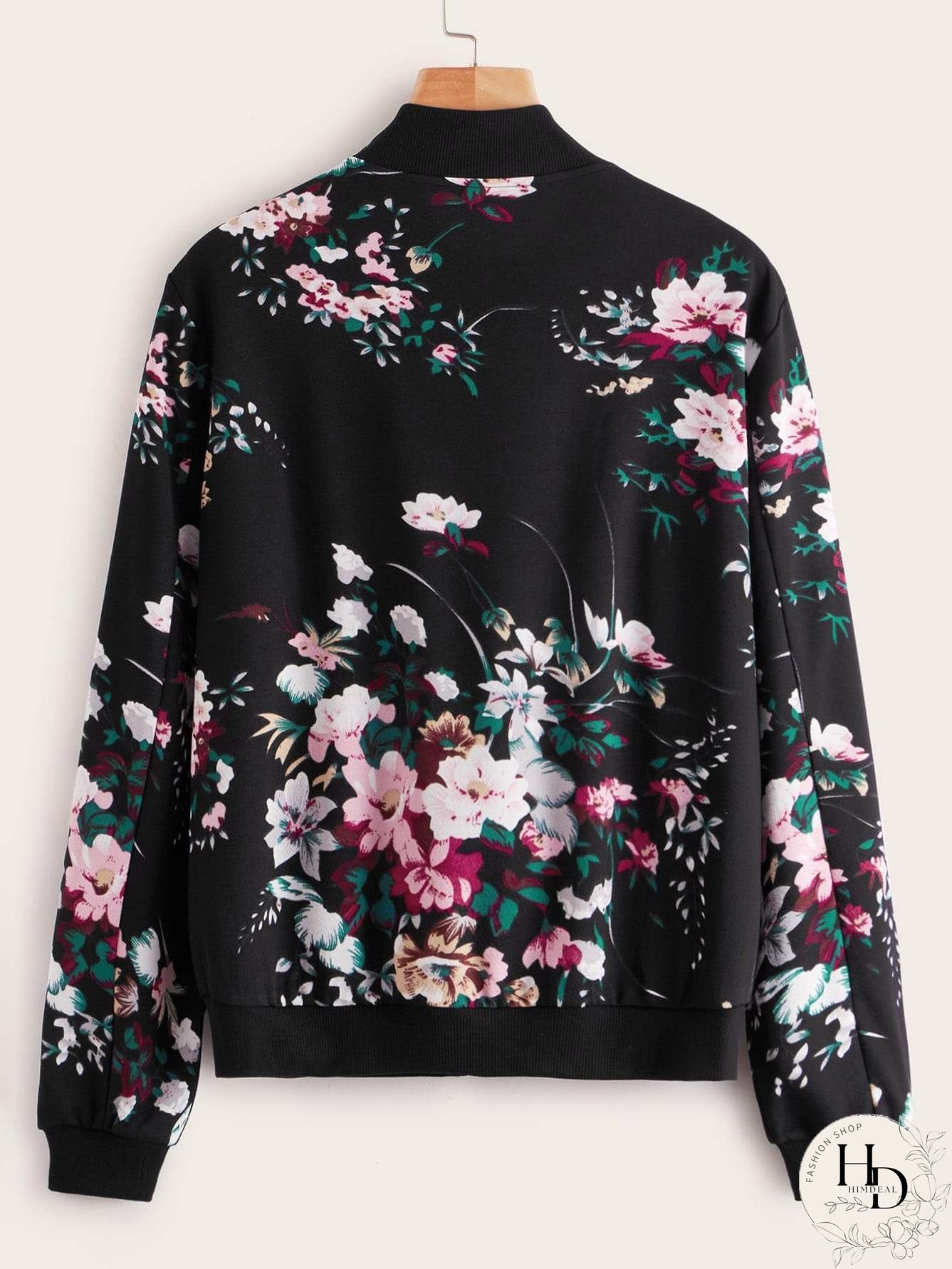 Botanical Print Zip Up Bomber Jacket