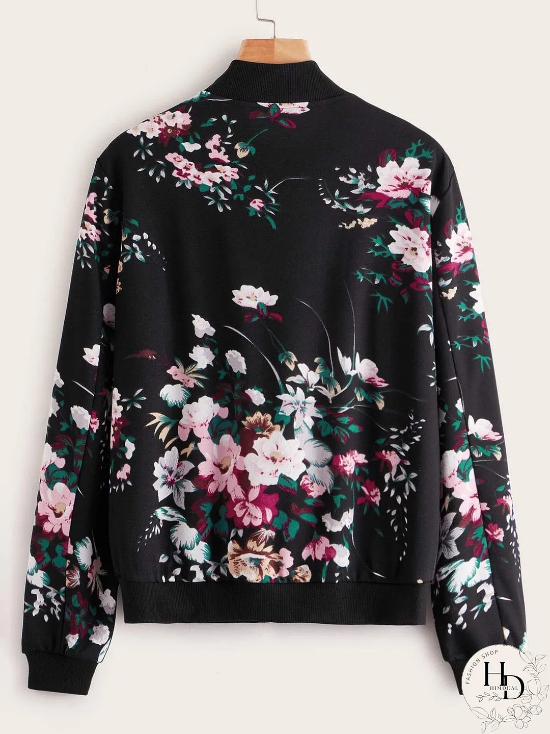 Botanical Print Zip Up Bomber Jacket