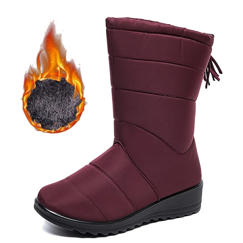 Women Boots Fur Warm Mid-Calf Boots Women Waterproof Shoes Ladies No-Slip Women Flat Shoes Fashion Female Boots Zapatillas Mujer