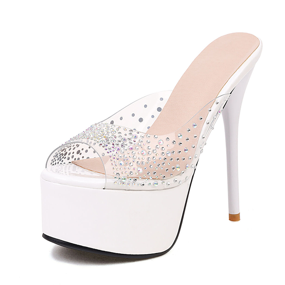 Clear & White Rhinestone Open Toe Stiletto Heel Platform Mules Nicepairs