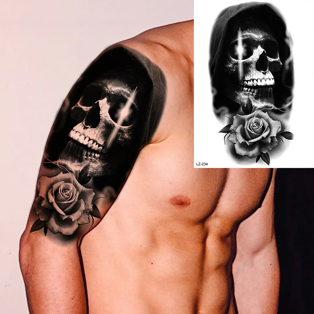 Sdrawing Black Skull Rose Flower Back Temporary Tattoos For Women Men Halloween Compass Round Fake Tattoo Sticker Skeleton