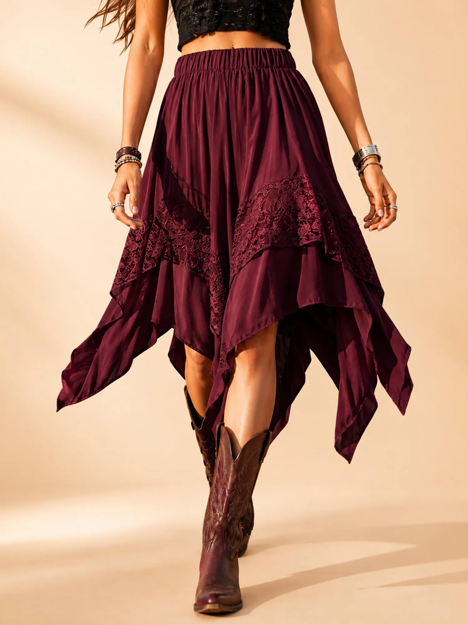 erfect for an Outdoor Music Festival &mdash; Burgundy Boho Chic Lace Trim Tiered Handkerchief Hem Flowy Skirt