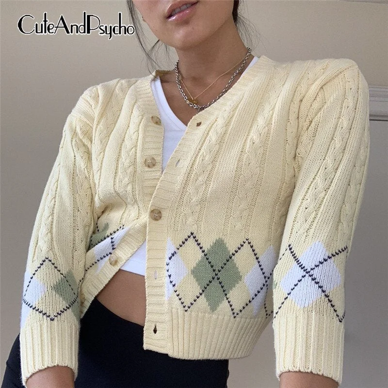 Argyle Plaid Autumn Knitted y2k Cardigans Female Vintage V-neck Preppy Style Sweaters Korean Style Crop Knitwear Cuteandpsycho