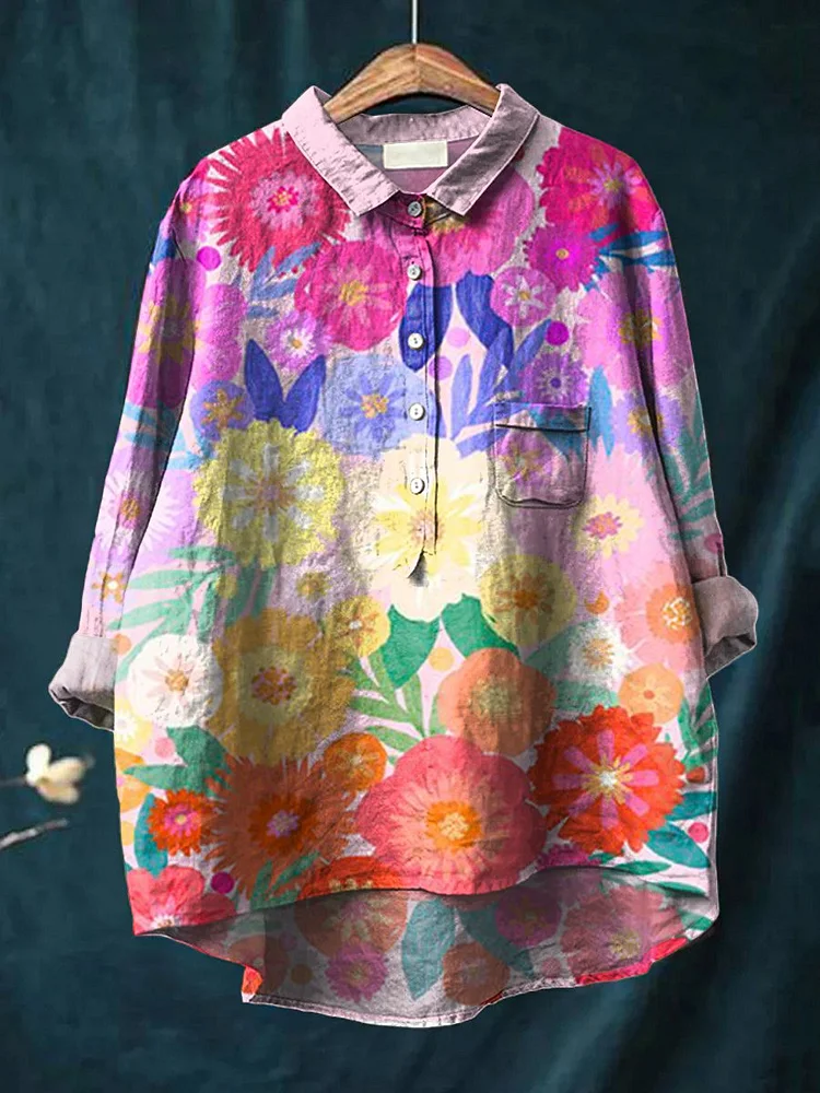Women's Watercolor Flowers Floral Art Print Casual Cotton And Linen Shirt