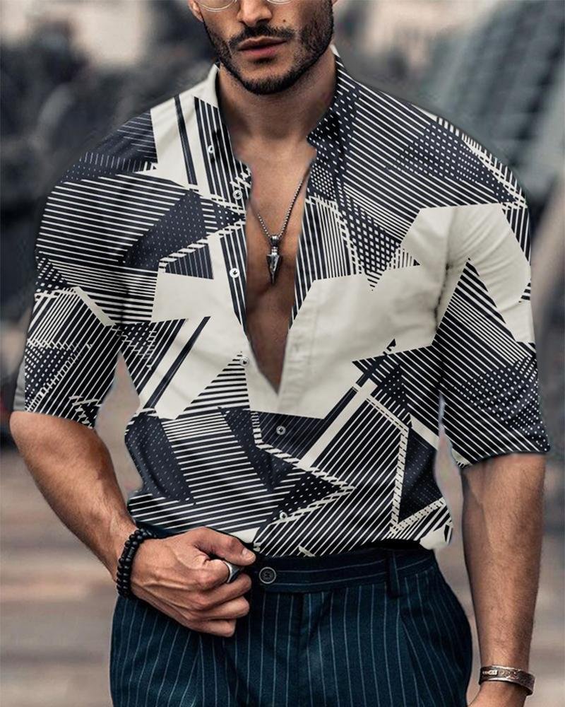 Men's Fashion Abstract Star Line Printing Long-Sleeved Shirt