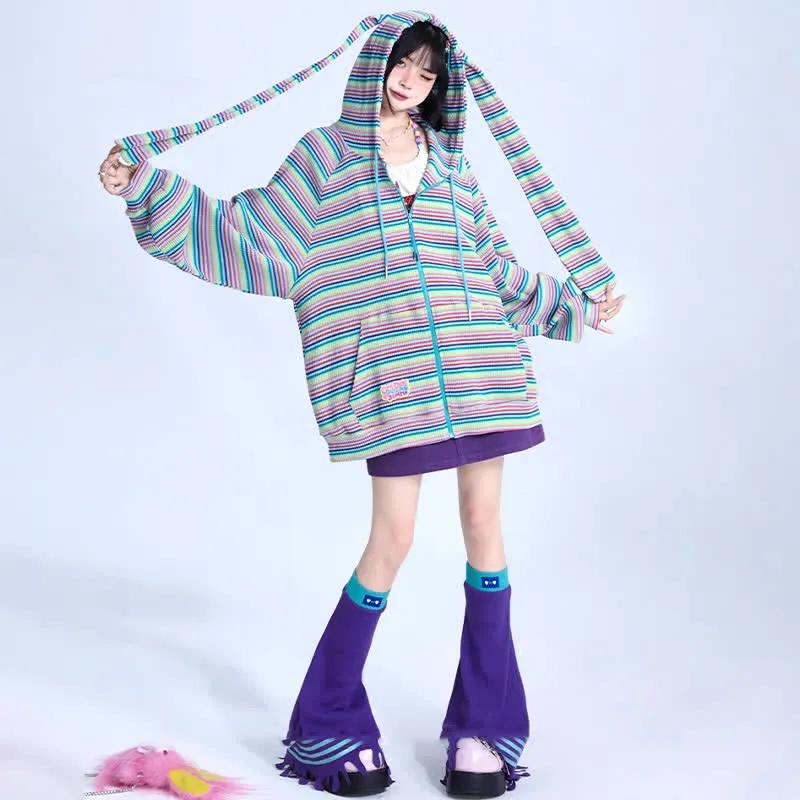 Long Bunny Ears Pocket Oversize Zipper Hooded Sweatshirt