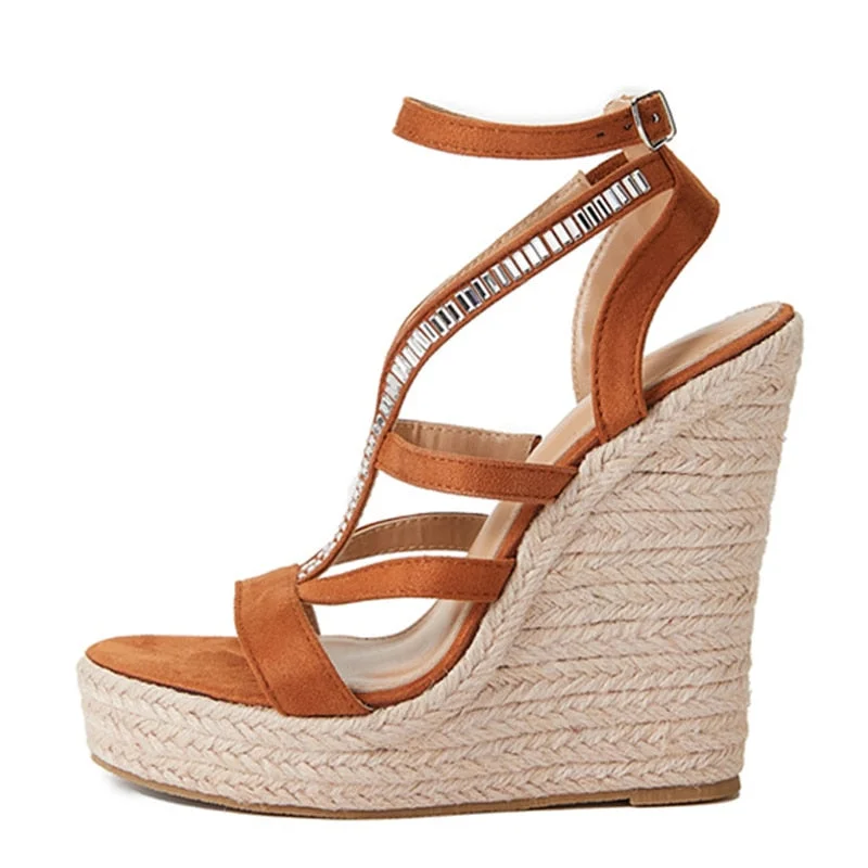 New Summer Wedge Sandals Women Straw Rope Weave Thick Bottom Platform High Heels Fashion Open Toe Buckle Strap Rhinestone Shoes