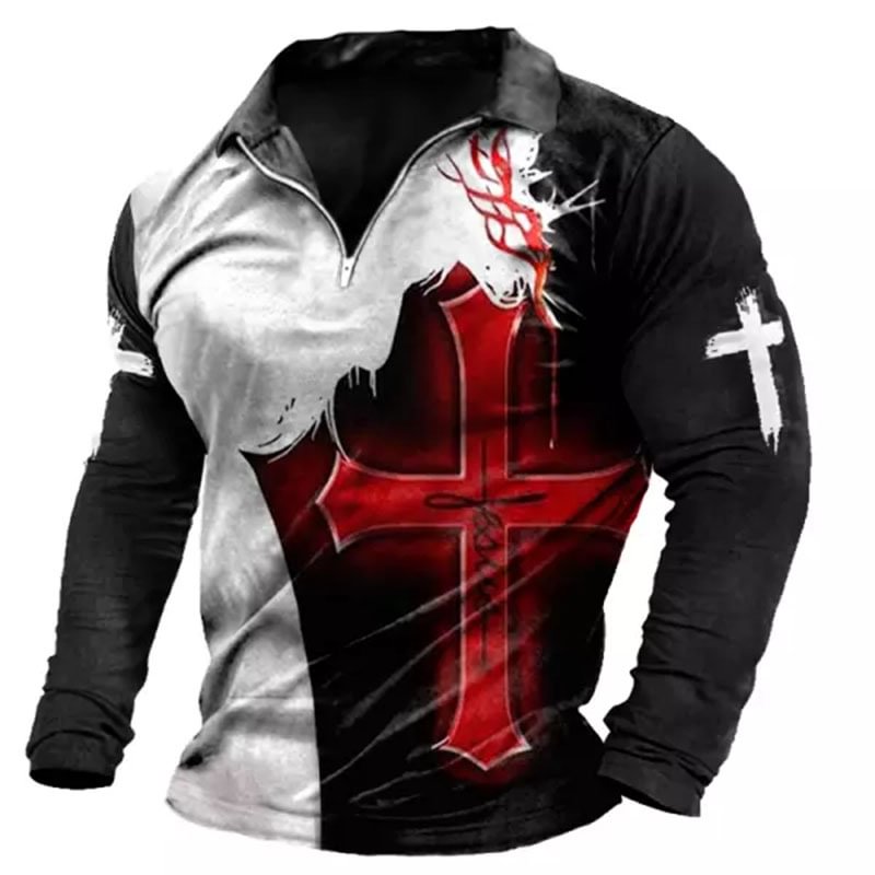 Men's Colorblock Cross Print Long Sleeve Polo Shirt