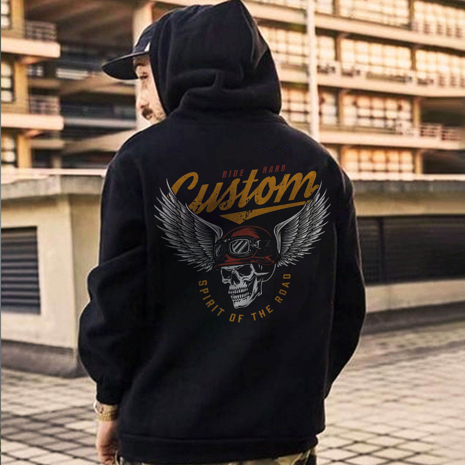 CUSTOM SPIRIT OF THE ROAD Skull with Winged Helmet Black Print Hoodie