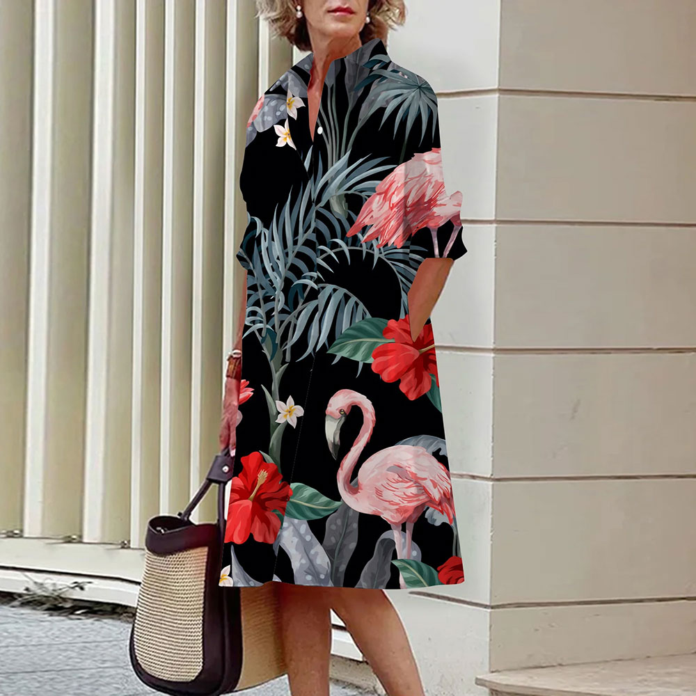 Monroewheels fairy dress short Women Lapel Button Shirt Dresses White & Black Flower Printed Dress Loose A-Line Long Skirts Spring & Summer Casual Beach Party