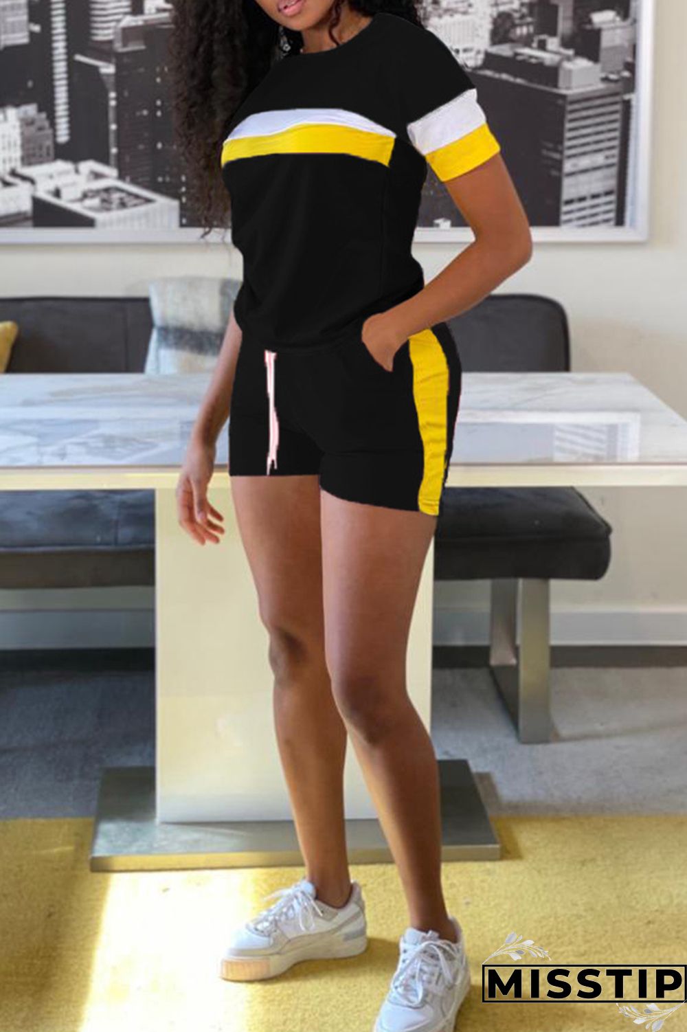 Black Fashion Casual Patchwork Basic O Neck Short Sleeve Two Pieces