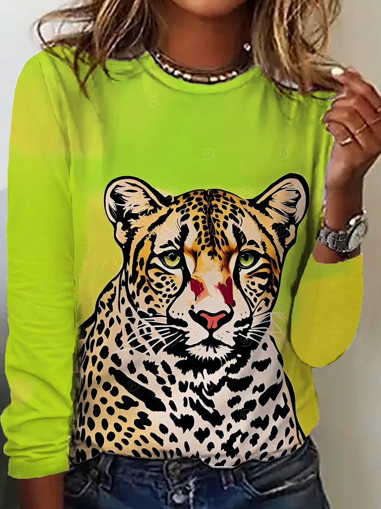 Women's Round Neck Shiny Animal Leopard Print Long Sleeve T-Shirt socialshop