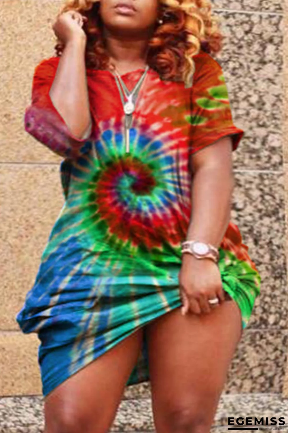Red Fashion Casual Tie Dye O Neck Plus Size Dresses | EGEMISS